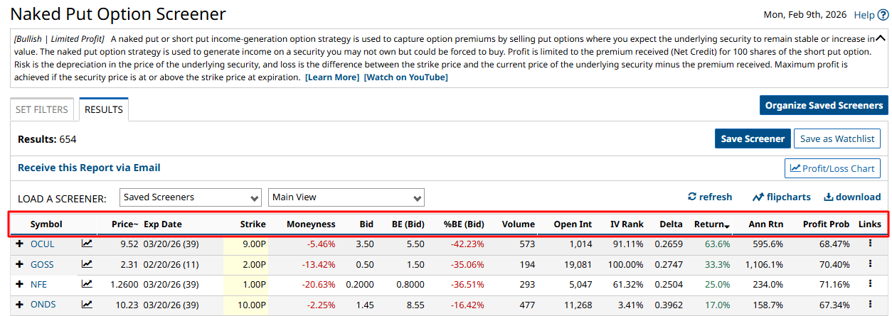 Naked Put Options Screener